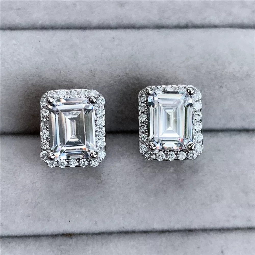 Silver Square Cut Princess Stud Earrings